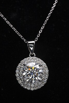 #ad 1.50 Ct Moissanite Double Halo Rhodium Plated 925 Silver Pendant 16inch necklace $80.00