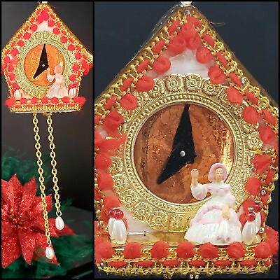 #ad Cuckoo Clock Ornaments Beaded Sequin Pins Pearl Lady 60s Christmas Vintage $14.97