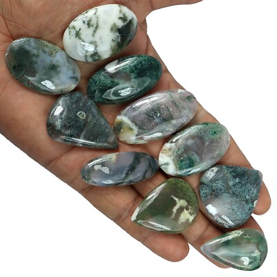 #ad 439 Ct 10 Pc Natural Green Moss Agate Mix Cab Gemstone 34 45 Mm Wholesale Lot $17.49