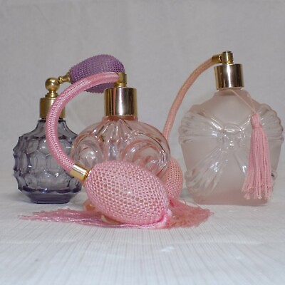 Vintage Used Lot 3 Perfume Atomizer Glass Bottle Bulb Pink Lavender Pretty $24.99