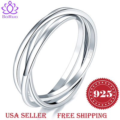 #ad BORUO 925 Sterling Silver Ring Triple Interlocked Rolling Wedding Band Size 4 12 $14.99