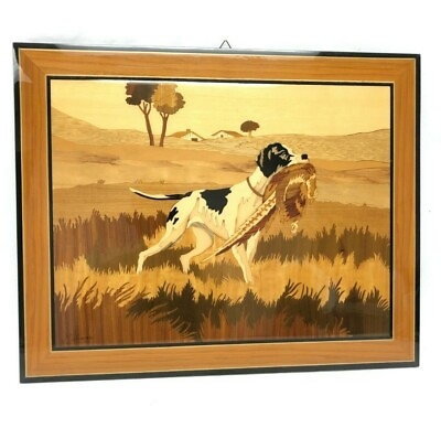 #ad Vintage Inlay Wood Art Marquetry Ercolano Italy Hunting Dog with Pheasant $999.99