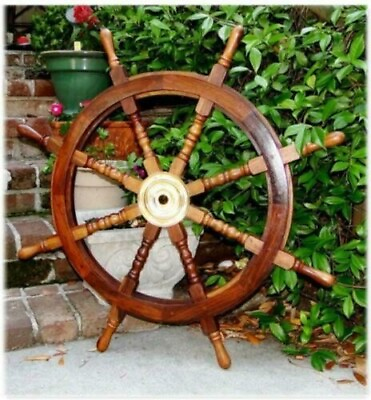 #ad 36#x27;#x27; Wooden Big Ship Steering Wheel Antique Teak Brass Nautical Pirate Ship#x27;s $226.30
