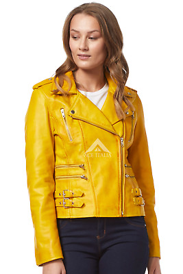 #ad #x27;MYSTIQUE#x27; Ladies yellow Biker Style Motorcycle Designer Nappa Leather Jacket GBP 120.86