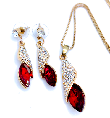 #ad Large Red Crystal Pendant GP Necklace amp; Teardrop Dangle Earrings Bling Set $19.99