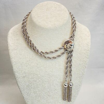 #ad Silver Tone Chunky Collar Necklace Rope Chain Knotted Pendant amp; Tassels $20.00