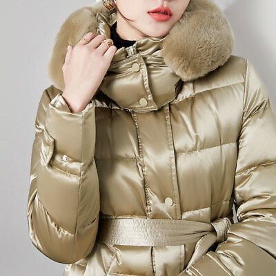 #ad Over The Knee Fashion Rabbit Fur Collar 90% White Duck Down Womens Coat Overcoat $244.16