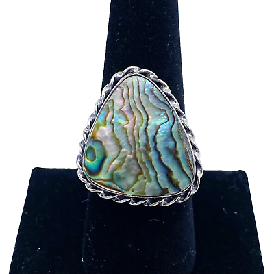#ad Abalone Paua Shell 925 Sterling Silver Vermeil Plated Ring Size 9 Unisex Large $15.99