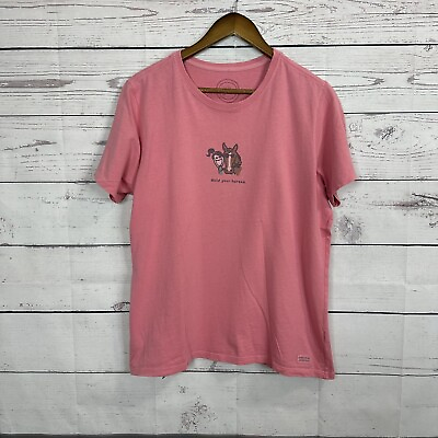 #ad Life is Good Womens Tee Shirt Size Large Pink Hold Your Horses Basic Casual $18.99