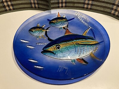 #ad Guy Harvey Decorative 15quot; Round Glass Tray Raised Fish Blue Green amp; Gold Design $29.99