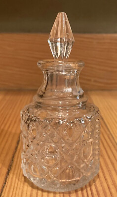 #ad Vintage Cut Glass Perfume Bottle amp; Stopper Refillable Clear Round 4” H 1.5 Oz. $11.99