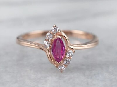 #ad 2.00 Ct Marquise Cut Created Red Ruby Engagement Halo Solid 14K Rose Gold fn $139.99