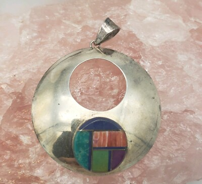 #ad VINTAGE SOUTHWESTERN STERLING SILVER AND MULTIPLE STONE INLAY ROUND PENDANT $49.99