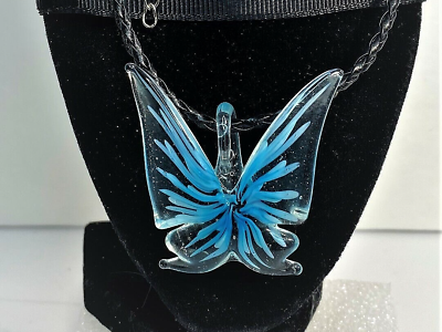 #ad HAND BLOWN LAMPWORK STYLE CLEAR BLUE BUTTERFLY PENDANT FREE CORD $28.95