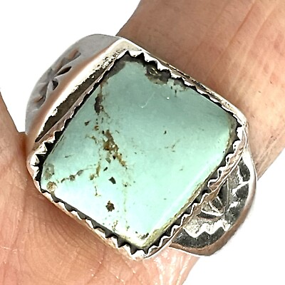 #ad Natural Turquoise Ring Navajo Sz 8.5 Annie Lincoln Sterling Handmade Band Rectan $79.94