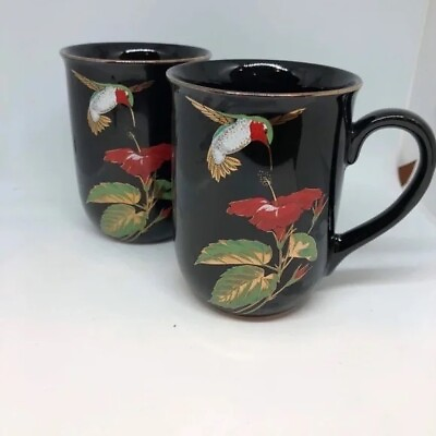 #ad Otagiri Hummingbird Hibiscus Black Gold Floral Cup Mugs Set Of 3 Japan $38.00