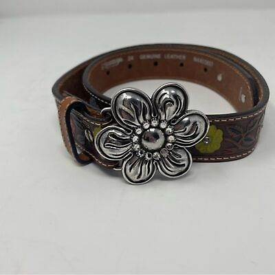#ad Norona Tooled Leather Painted Floral Embellished Adjustable Belt Womens Size 24 $20.94