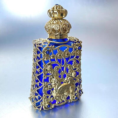 #ad Cobalt Bottle for Parfume Czech Blue Glass Gold Filigree Tone Perfume Art Deco $38.50