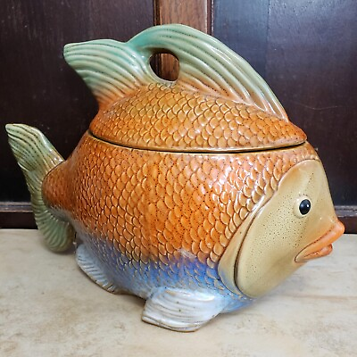 #ad RARE LARGE GOLD FISH BEAUTIFUL GLAZE CERAMIC COOKIE JAR CANISTER HOLDER amp; LID $45.72