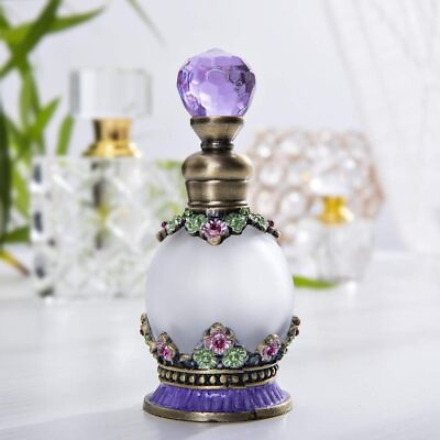 #ad 15ml Antique Crystal Glass Perfume Bottle Flower Embelished Fancy Retro Round $27.00