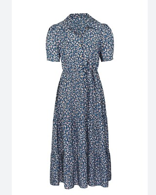 #ad NWOT Dress Midi Blue Floral V Neck Tiered Short Sleeve Floral Button Front M $27.30
