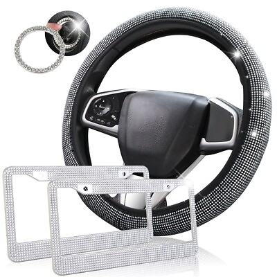 #ad Car Bling Set Steering Wheel Cover License Plate Frame Ring Sticker US $23.98