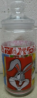 #ad 1999 Looney Tunes Merrie Melodies Large Glass Cookie Candy Jar Warner Brothers $26.00