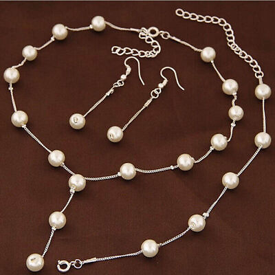 #ad Fashion Women White Pearl Necklace Drop Earrings Bracelet Wedding Jewelry Set C $2.79