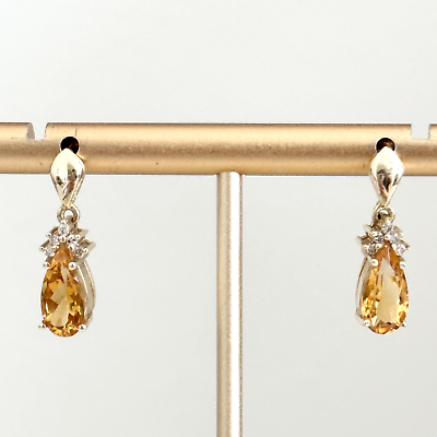 #ad 14K Solid Yellow Gold Pear Citrine amp; Diamond Ladies Drop Earrings $350.00