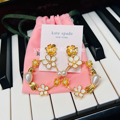 #ad NWT Kate ks Spade Spring Scene Love Bird White Enamel Flower Earrings Gold Tone $19.99