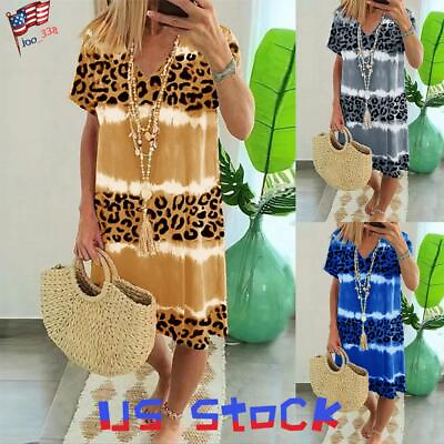 #ad Plus Size Women#x27;s Summer Holiday Dress Ladies Boho Beach Baggy Leopard Sundress $19.89