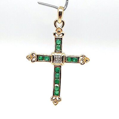 #ad 10K Yellow Gold Natural Emerald and Diamond Cross Pendant $179.00