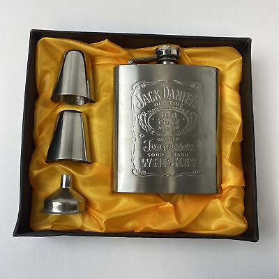 Jack Daniels Gift Set with Flask Shot Glasses X2 amp; Funnel Stainless Steel In Box $24.95