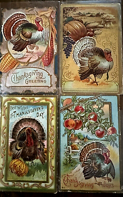 #ad Lot of 4 Vintage Thanksgiving Postcards with Turkeys Pumpkins Fruit Corn h759 $9.99