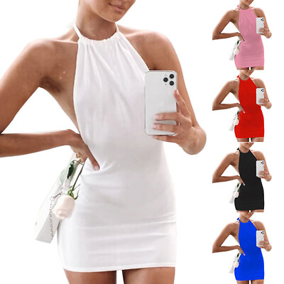 #ad Women#x27;s Sexy Backless Halter Neck Bodycon Mini Dress Evening Party Club Dresses $2.15