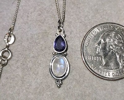 #ad 925 Sterling Silver Genuine Moonstone amp; Lolite Pendant Necklace 18quot; Chain $19.95