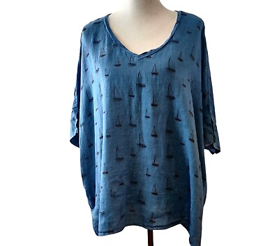 #ad Cut Loose Womens OS Blue Sailboats 100% Linen V Neck Lagenlook Boxy Top Flaw $24.87