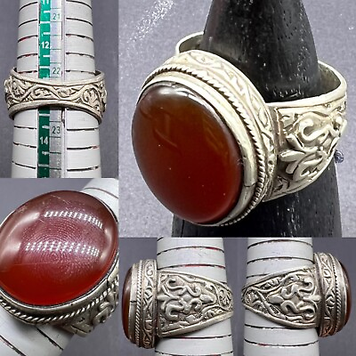 #ad Rare Authentic Old Red Yemeni Natural Agate Stone Central Asian Jewelries Ring $99.99