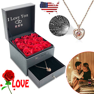 Preserved Red Real Rose with I Love You Necklace in 100 Languages Valentine Gift $16.99