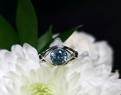 #ad Natural Blue Zircon 7mm Round Sterling Silver 925 Size 5.75 $79.99