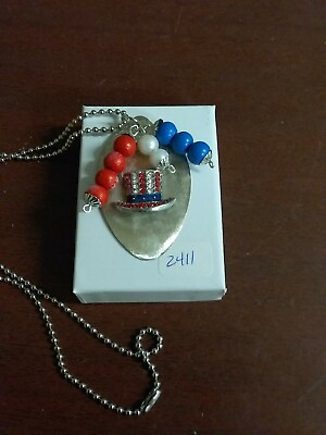Vtg Handmade Flatware Jewelry Spoon Necklace Patriotic Red White Blue Bead #2411 $19.98