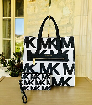 Michael Kors Kenly Large MK Signature Tote Bag Wristlet Wallet OPTIC White NWT $350.00