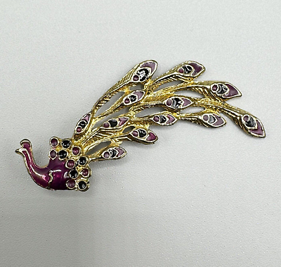 #ad Vintage Peacock Brooch Gold Tone Purple Enamel Art Deco Contemporary Cocktail 3” $17.95