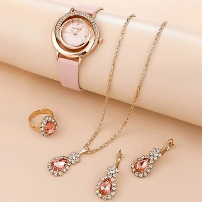 #ad #ad Watch Gift Set for Women 5 Piece Pink Champagne Crystal Earrings Necklace Ring GBP 7.99