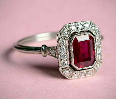 #ad Vintage Art Deco 2.10CT Red Ruby Emerald Cut CZ Wedding Argentium Silver Ring $130.79