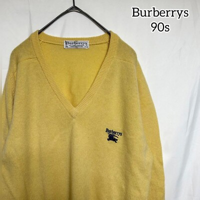#ad Burberrys Pure New Wool 100% Knit V neck Sweater Yellow Logo Men Size M Used $68.00