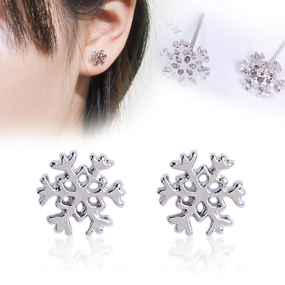 Women#x27;s Gift Christmas Snow Flake Earrings SNOWFLAKE Silver Plated Studs Jewelry $7.98