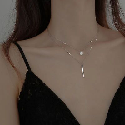 Round Double Necklace Women Sterling Silver Glitter Clavicle Chain Necklace $7.46