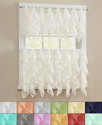 #ad Sheer Voile Vertical Ruffle Window Kitchen Curtain 24quot; Tiers amp; Valance Set $17.99