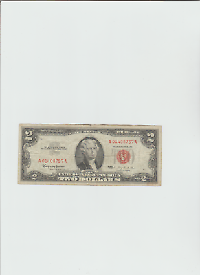 #ad VINTAGE TWO DOLLAR 1963 $2 UNITED STATES NOTE JEFFERSON RED SEAL USN $14.50